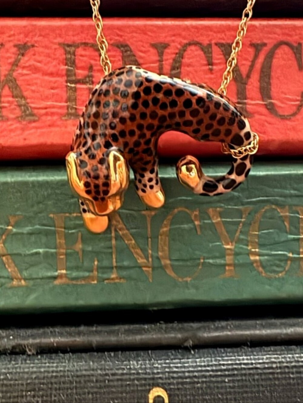 Leopard Cheetah Pendant Necklace - 14K Gold, Orange & Black Enamel - Picture 6 of 7